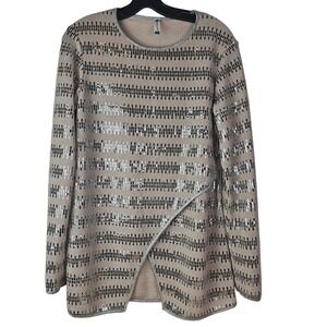 Birdie James Gray Beige Sequin‎ Metallic Knit Long Sleeve Pullover Sweater Party